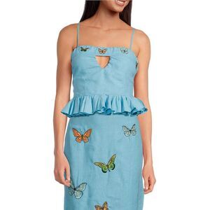Fanm Mon NWT Marion top - Aqua Blue Butterfly Embroidered cropped tank - M